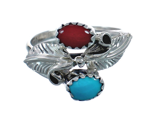 Sterling Silver Leaf Navajo Turquoise And Coral Ring Size 6-1/4 AX128322